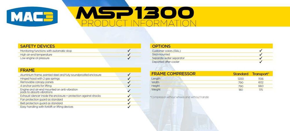 Compressor Portátil de Tornillo MAC3 MSP1300 15BAR – Novo