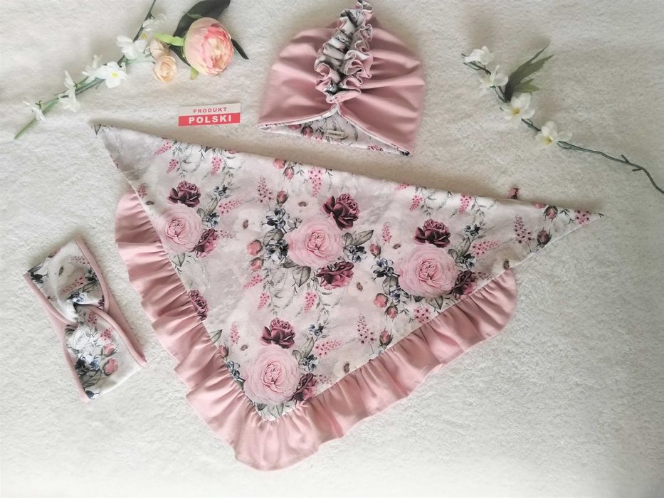 Komplet dla dziewczynki - czapka turban + chusta wiązana z falbaną