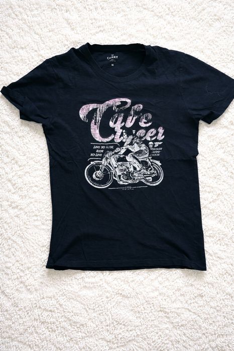 Męska koszulka t-shirt Carry – granatowa z nadrukiem motocyklowym – ro