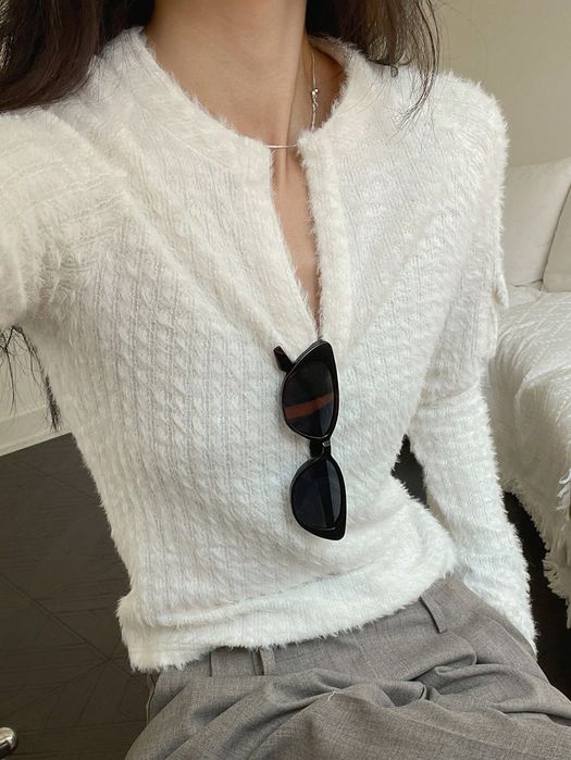 Bluzka Dzianinowa Teksturowana Włochata Ecru Casual Dazy S 36