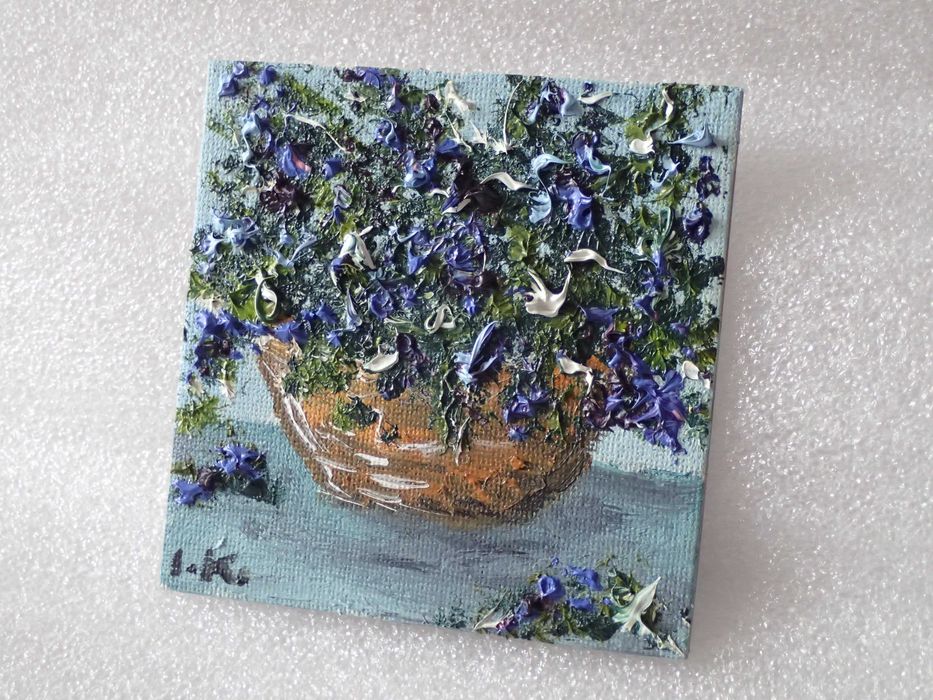 BUKIET KWIATÓW obrazek olejny 9x9cm miniatura płótno magnes unikat