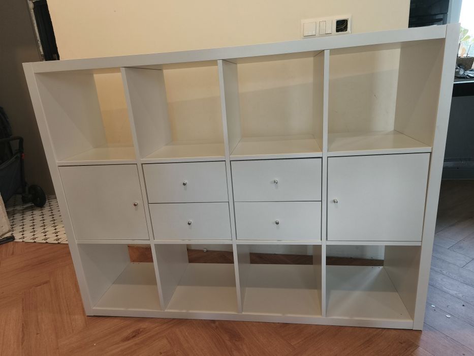 Regał IKEA KALLAX 3x4 biały + 4 wkłady (szuflady i drzwiczki) STAN BDB