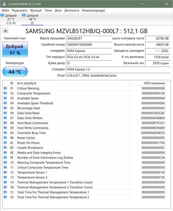 512gb nvme m2 gen3 Samsung PM981a (97% здоров'я)