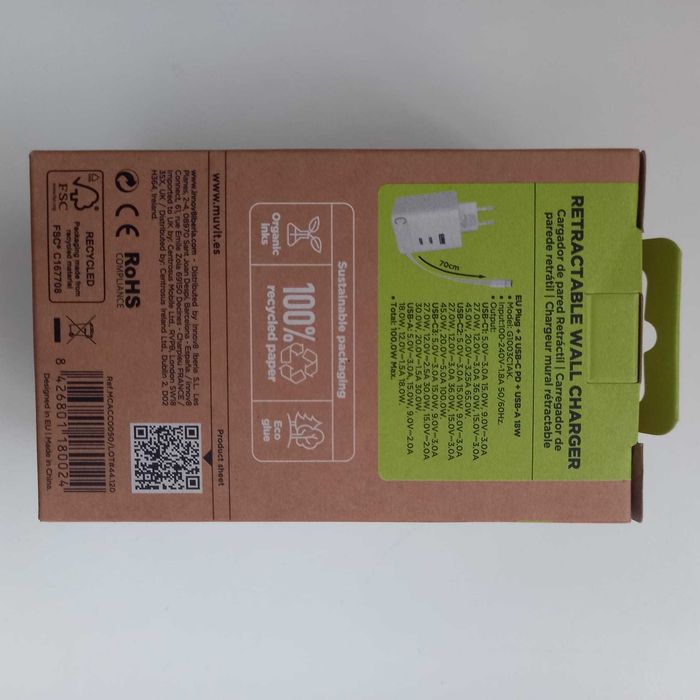 Carregador de parede Muvit retráctil 70 cm