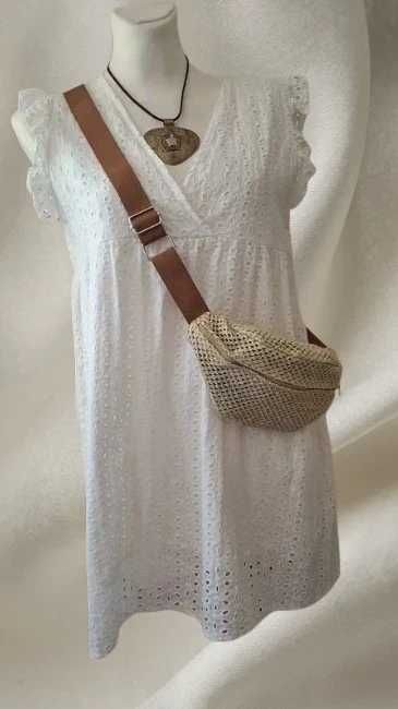 Biała sukienka ażurowa, tunika – rozmiar L, boho