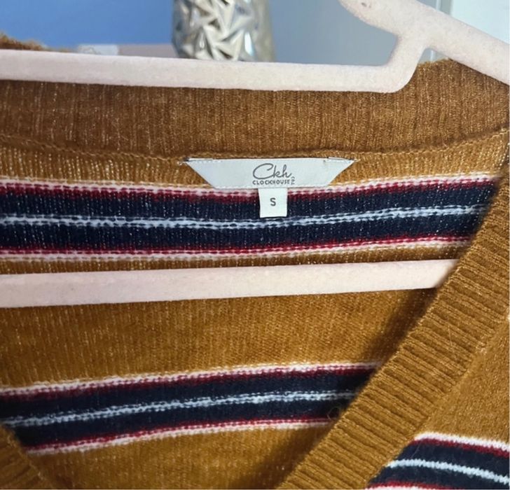 Ciepły Sweter oversize paski karmelowy włochaty granatowy milutki