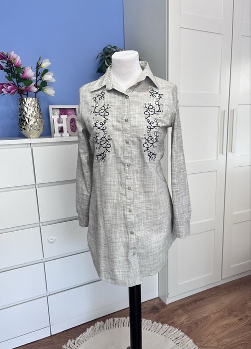 Bawełniana etno hafty piaskowa beżowa koszula  vintage  tunika XL