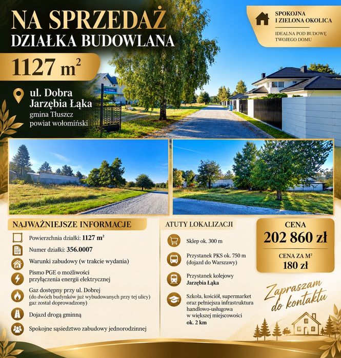 Działka budowlana 1127 m² przy ul. Dobrej – WZ, prąd, gaz, droga gminna