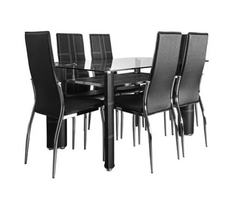 Conjunto Mesa em Vidro Temperado + 6 Cadeiras de Couro Sintético/metal Preto 150x90cm