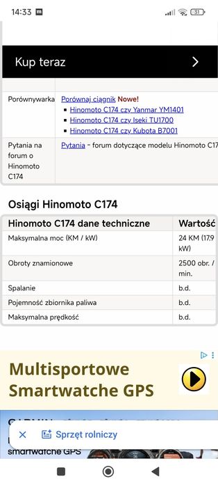 Hinomoto c174 4x4  3-cyl 20KM traktorek sadowniczy