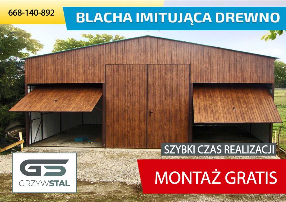 Garaż blaszany 7x6 - Bramy Uchylne - Drewnopodobny - WIATA - GRZYWSTAL