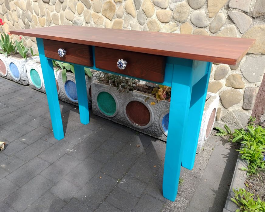 Toaletka - konsolka turkusowa drewniana odnowiona DIY
