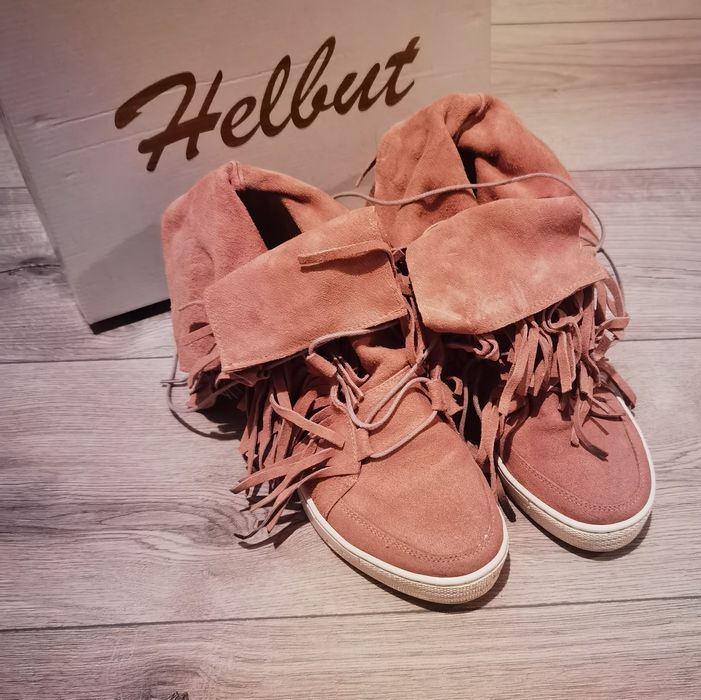 Botki Sneakersy frędzle koturn zamsz naturalny pudrowy róż