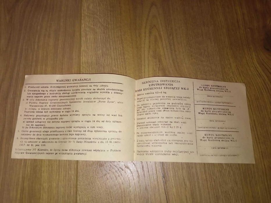 Waga Kuchenna stojąca Wk-2 karta gwarancyjna 1993 instrukcja obsługi