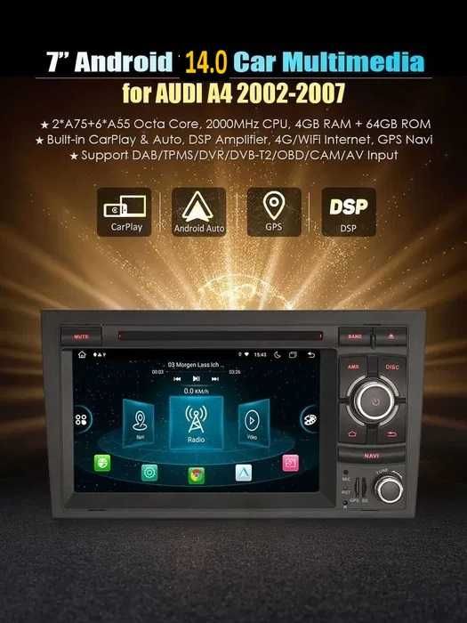 Auto radio Audi A4 Android 14 2 din radio/dvd/cd/usb/sd/gps/bluethoo