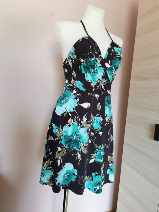 Sukienka brązowa miętowa niebieska wiązana na szelkach ramiączkach L