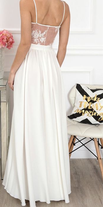 Sukienka maxi w kolorze ecru z koronką, rozmiar 34