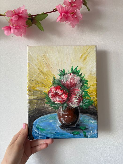 „Kwiaty w doniczce” - ręcznie malowany obraz akrylowy 24 × 18 cm