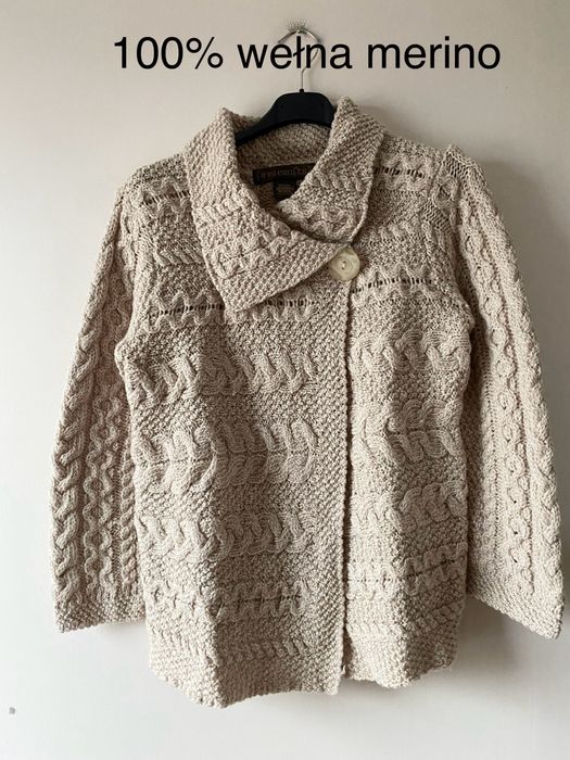 Inis Crafts sweter merino kardigan ireland vintage warkocz aran plecio