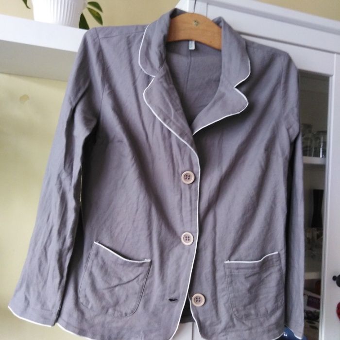 Żakiet Marynarka firmy BENETTON 100% bawełny Len szaro-beżowy r.L-XL