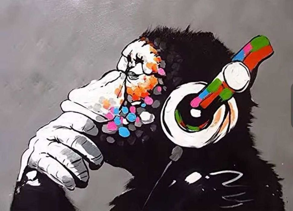 Плакат постер на белой бумаге "Обезьяна в наушниках" 42х30 см