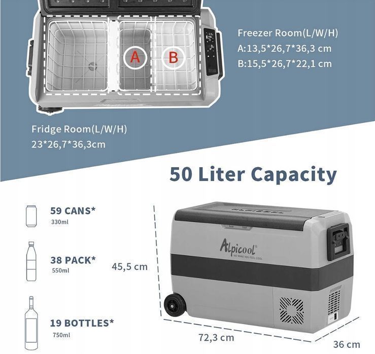 Alpicool T50 Lodówko-Zamrażarka Samochodowa 50L 12/24V 230V Kemping