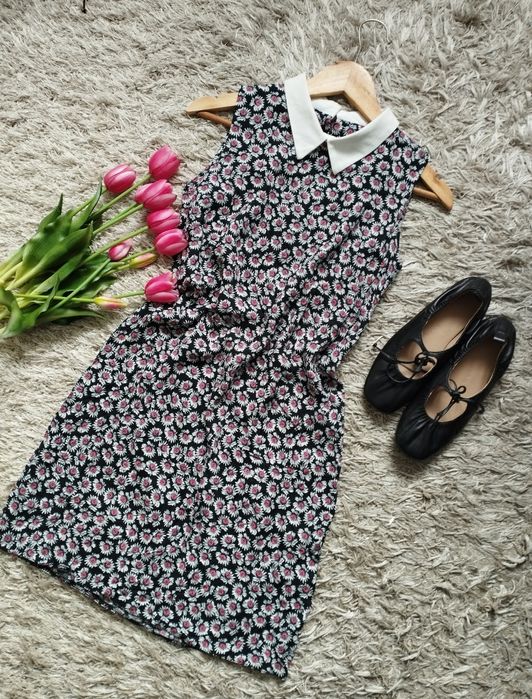Sukienka na lato z kołnierzykiem vintage w drobne kwiatki wiskoza S