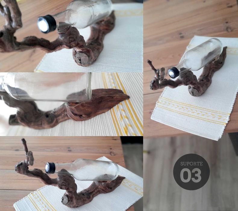 Suporte garrafa em madeira e raízes trabalhadas (trabalho artesanal)