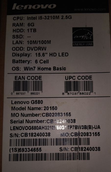 Ноутбук Игровый Lenovo g580 6gb rtx630m 2gb Без Жесткого Диска