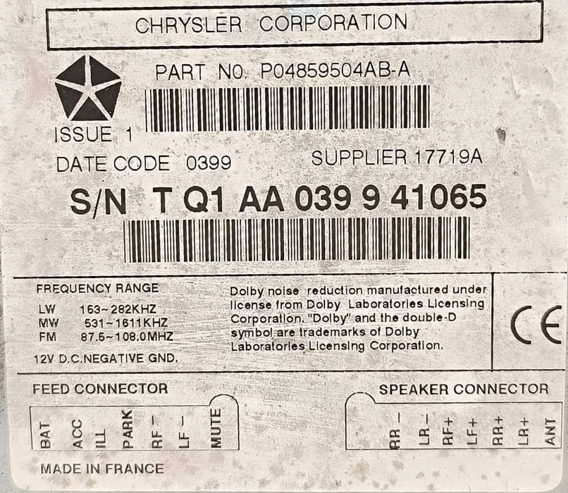Rádio / Auto Rádio P04859504AB-A - CHRYSLER VOYAGER / GRAND VOYAGER III