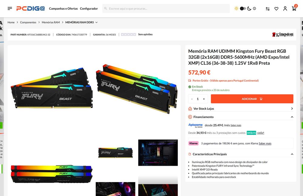 Kingston Fury Beast RGB 32GB (2x16GB) DDR5-5600MHz (AMD Expo/Intel XMP) CL36