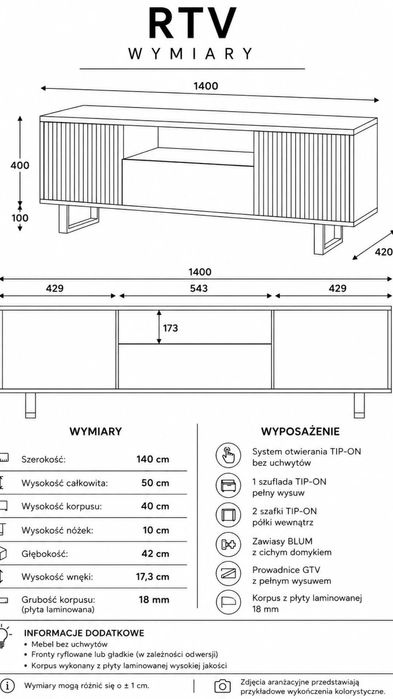 RTV PREMIUM 140 cm kaszmir  - fronty ryflowane - PRODUCENT