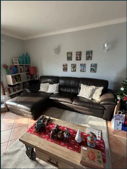 Sofá grande de pele, 5 lugares com chaise longa