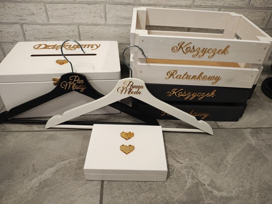 Nowy zestaw na ślub małe serca wieszaki pudełko skrzynka