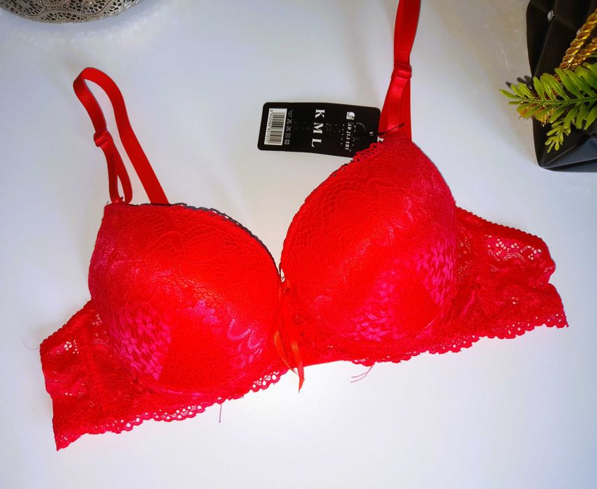 Koralowy koronkowy biustonosz push-up 85B