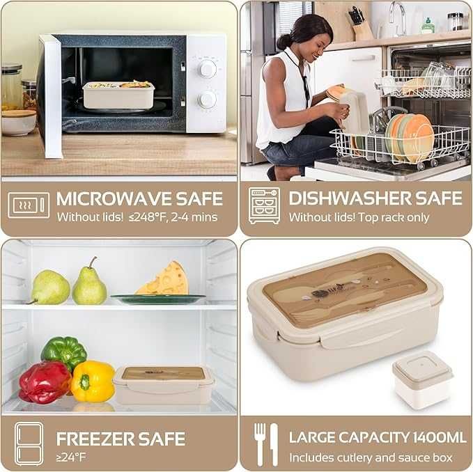 Pudełko na lunch 1400 ml w zestawie sztućce do szkoły i pracy