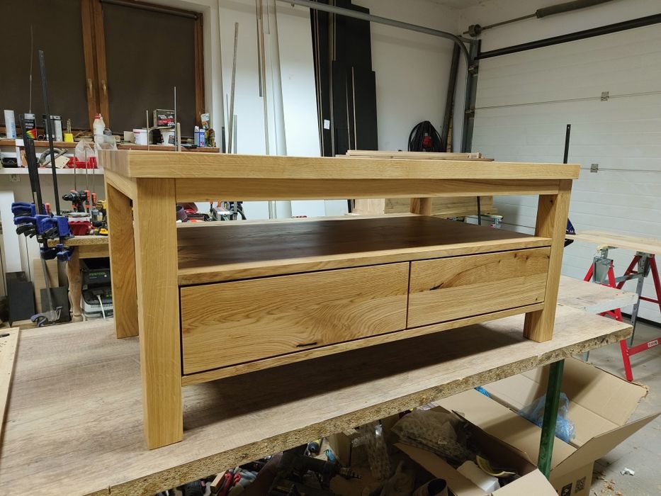 Stolik kawowy lity dąb, ława, pojemny, szuflady, lakier, olej 120x60 c