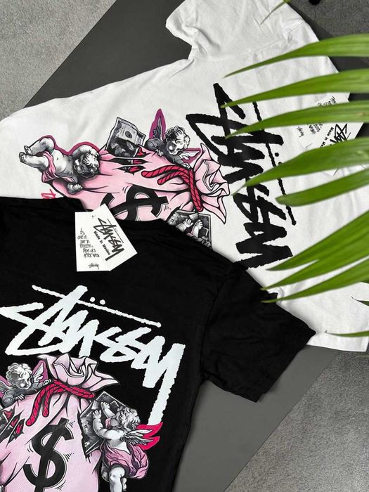 BIG Logo • Новые Футболки Stussy Hippo • Черная / Белая • Стусси Принт