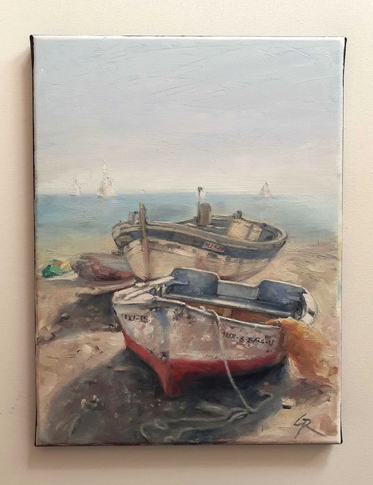 Łodzie na plaży. Obraz olejny na płótnie. 30 X 40 cm
