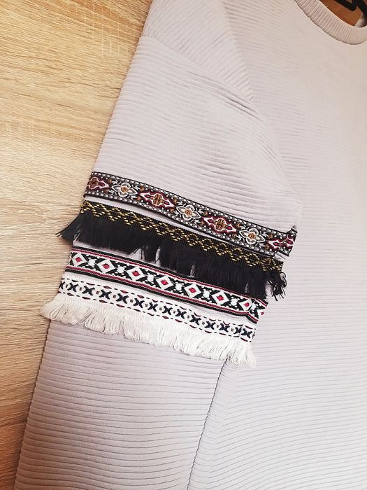 Bluza sukienka boho szara tunika L 40 M frędzle długa krótka rękawy
