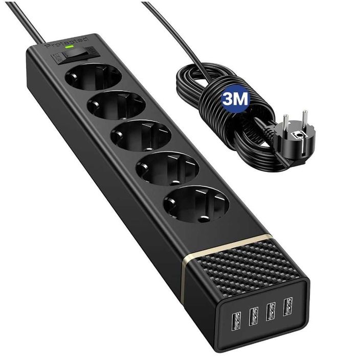 Listwa zasilająca 5 gniazd 3m 4USB ochrona przepięciowa 2400W/10A