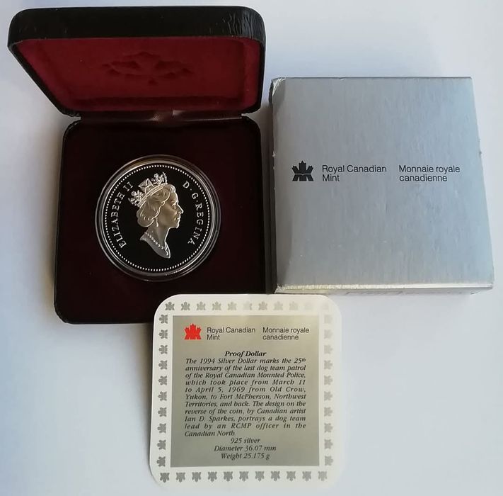 Канада 1 долар 1994р. Патруль на упряжках. СРІБЛО. ПРУФ. Сертифікат.