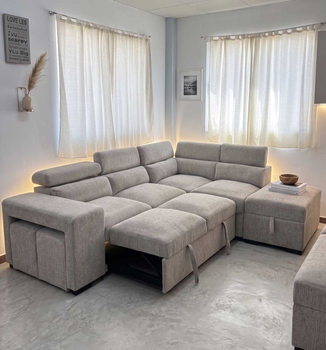 Sofá-cama de canto com arrumação e pufes NOVO