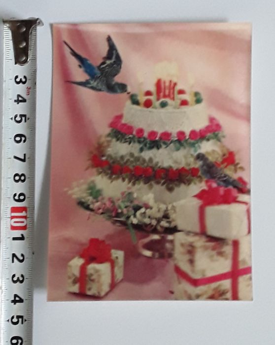 Antigo cartão postal 3D lenticular, com Bolo de Aniversário