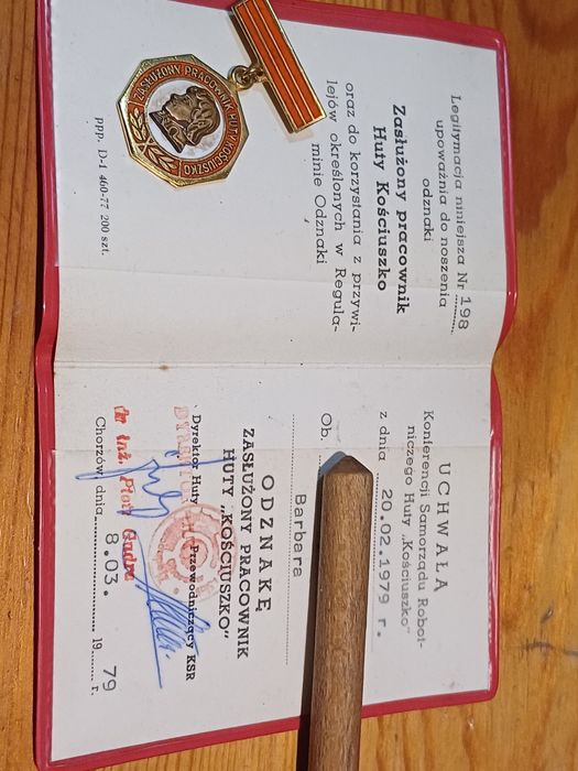 Medal i legitymacja Huta Kościuszko Chorzow 1979 rok