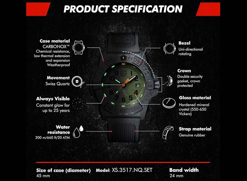 Годинник LUMINOX XS.3517.NQ.SET Navy Seal 3600 Tritium 45 mm 200 MT.