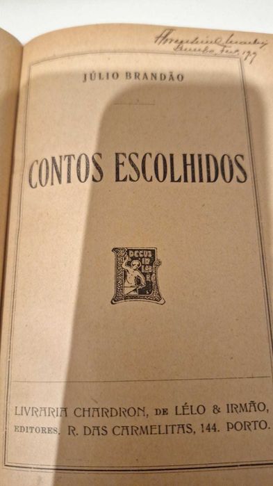 Livro Antigo (c. 1910/20): "Contos Escolhidos" – Júlio Brandão (Livraria Chardron)