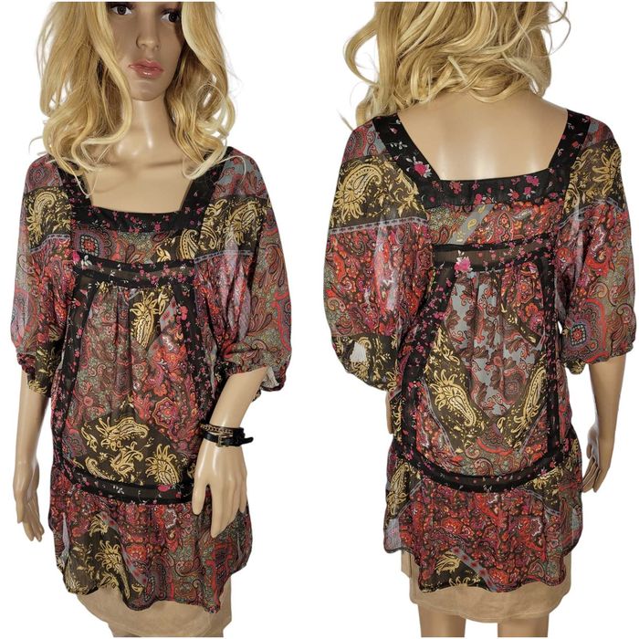 Przezroczysta kolorowa bluzka mgiełka 32,XXS/34,XS wzór kwiatki boho