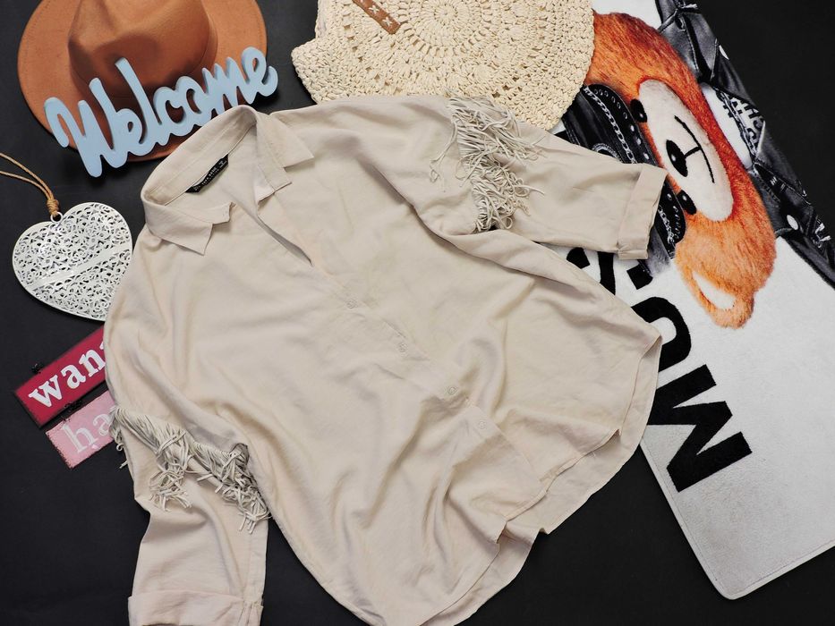 Zara Koszula overszie beż frędzle L