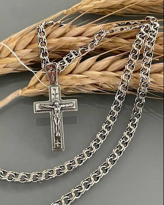 Комплект! Серебряная цепочка мужская с крестиком Серебро 925